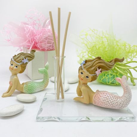 BOMBONIERA SIRENETTA: BASE IN VETRO CON AMPOLLA PROFUMATORE, PORTA MATITA E MONOFIORE