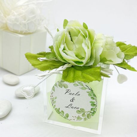 CONFETTATA SCATOLINA PLEXIGLASS: FIORI VERDI E ADESIVO PERSONALIZZABILE