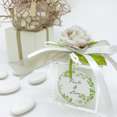 SCATOLINA PORTACONFETTI PERSONALIZZABILE CON FIORE TORTORA
