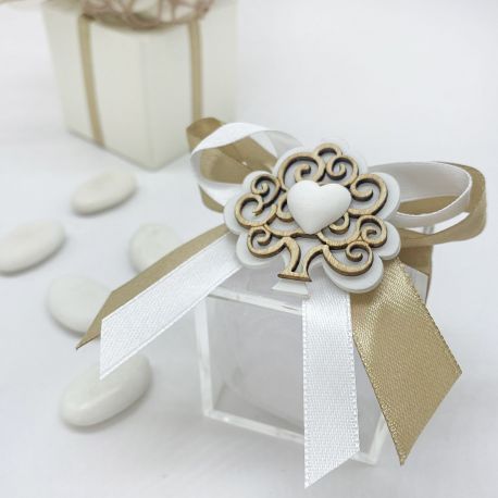 SCATOLINA PLEXIGLASS CON APPLICAZIONE IN LEGNO ALBERO DELLA VITA E CUORE - UN SEGNAPOSTO ELEGANTE PER MATRIMONIO