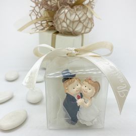 SCATOLINA TRASPARENTE CON STATUINA SPOSINI -BOMBONIERA NOZZE