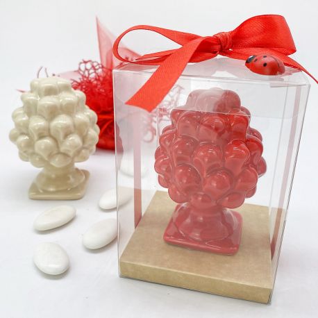 BOMBONIERA- SCATOLA TRASPARENTE CON FONDO RIALZATO NATURE CON COCCINELLA PORTAFORTUNA- ALL'INTERNO PIGNA SICILIANA IN CERAMICA