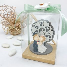 SCATOLA IN PVC CON DECORAZIONE GESSETTO BUSTINA E PROFUMATORE ALBERO DELLA VITA CON STATUINE SPOSINI-BOMBONIERA MATRIMONIO