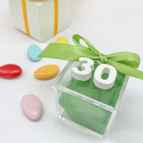 SEGNPOSTO COMPLEANNO 30 ANNI - SCATOLINA PLEX TRASPARENTE CON GESSETTI NUMERO 30