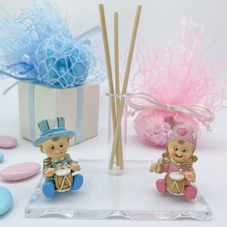 ELEGANTE BOMBONIERA BATTESIMO GEMELLI - PROFUMATORE CON STATUINE E PERGAMENA PERSONALIZZABILE