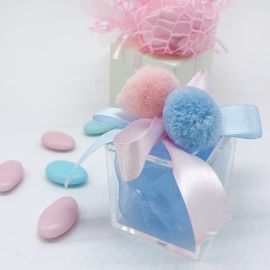 BOMBONIERA NASCITA GEMELLI -SCATOLE PLEXIGLASS PER CONFETTI CON PON PON DECORATIVI