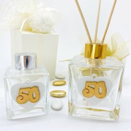 BOMBONIERA NOZZE D'ORO -BOTTIGLIA PROFUMATORE CON APPLICAZIONE CUORE 50 