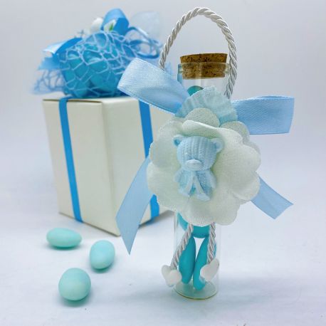 CONFETTATA NASCITA -PROVETTE IN VETRO CON FIOREE ORSETTO -DOLCEZZA E ORIGINALITA