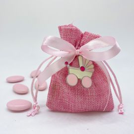 BOMBONIERA NASCITA: SACCHETTO ROSA CON CHARME CARROZZINA