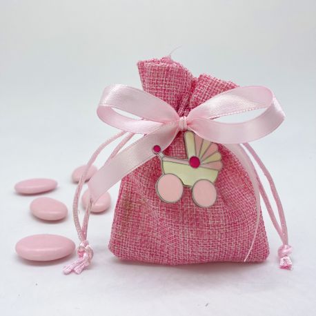 BOMBONIERA NASCITA: SACCHETTO ROSA CON CHARME CARROZZINA