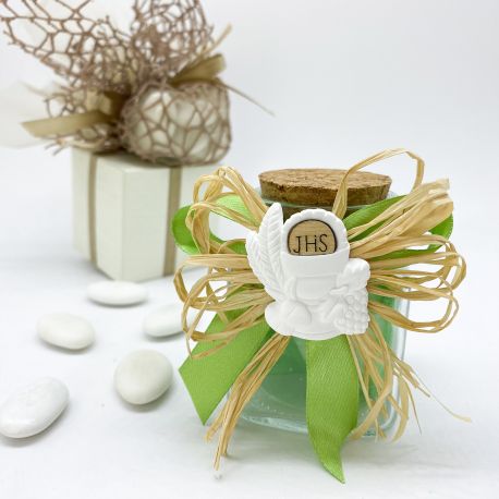 BOMBONIERA COMUNIONE BARATTOLO VETRO CON TAPPO SUGHERO PORTASPEZIE PORTACONFETTI CON GESSETTO A FORMA DI CALICE