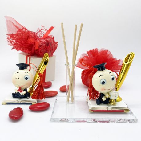 BOMBONIERA LAUREA - BASE IN VETRO CON FIALA PROFUMATORE, MONOFIORE E PORTAPENNA SMILE