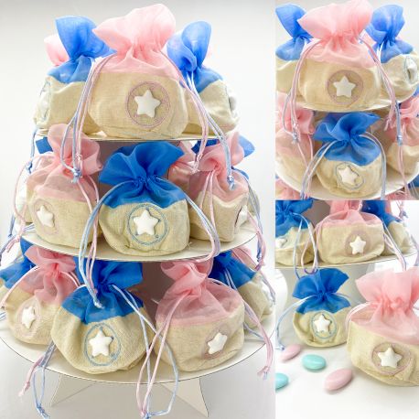 BOMBONIERA NASCITA - ALZATA BIANCA A PIANI CON PORTACONFETTI A SACCHETTO IN JUTA E ORGANZA ROSA O CELESTE