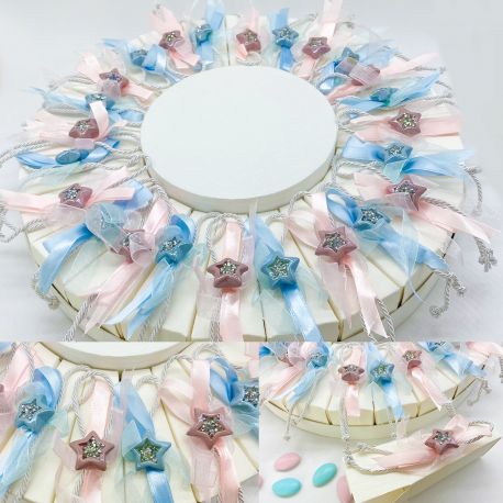 BOMBONIERA NASCITA GEMELLI - TORTA DI FETTE SCATOLINE BIANCA NEUTRA CON APPLICAZIONI STELLA, NASTRO E CORDA ROSA O CELESTE 