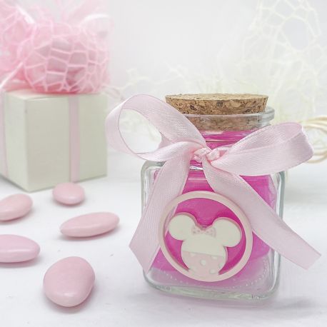BOMBONIERA DISNEY CON DECORAZIONE MINNIE PER BATTESIMO BIMBA - BARATTOLO IN VETRO CON TAPPO IN SUGHERO PORTA CONFETTI
