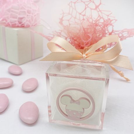 BOMBONIERA NASCITA O BATTESIMO PER BAMBINE: SCATOLE PLEXIGLASS CON CIONDOLO TOPOLINO DISNEY