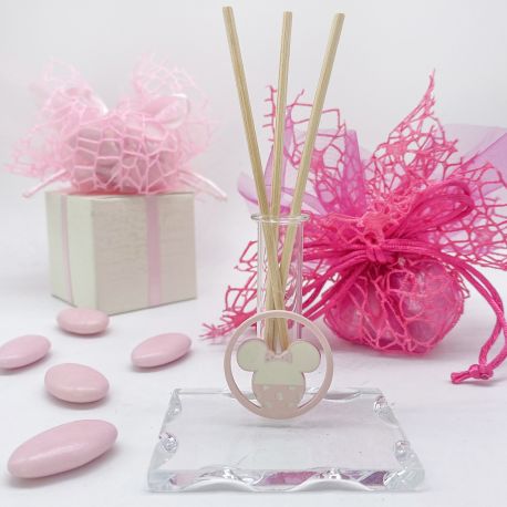 BOMBONIERA DISNEY MINNIE PER BATTESIMO BIMBA - BASE IN VETRO CON FIALA UTILE COME PROFUMATORE, PORTA PENNA O MONOFIORE 