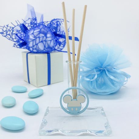 BOMBONIERA DISNEY TOPOLINO PER BATTESIMO BIMBO - BASE IN VETRO CON FIALA UTILE COME PROFUMATORE, PORTA PENNA O MONOFIORE 