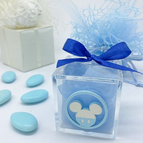 BOMBONIERA BATTESIMO MASCHIETTO: SCATOLE PLEXIGLASS CON CIONDOLO TOPOLINO DISNEY