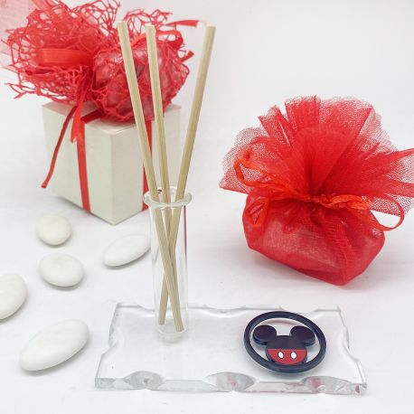 BOMBONIERA PER BATTESIMO : BASE IN VETRO CON FIALA PROFUMATORE-PORTA PENNA O MONOFIORE E APPLICAZIONE DISNEY MICKEY MOUSE