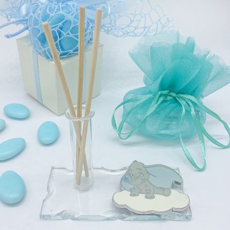 BOMBONIERA BATTESIMO BAMBINO: BASE IN VETRO CON FIALA PROFUMATORE-PORTA PENNA O MONOFIORE E APPLICAZIONE DISNEY DUMBO