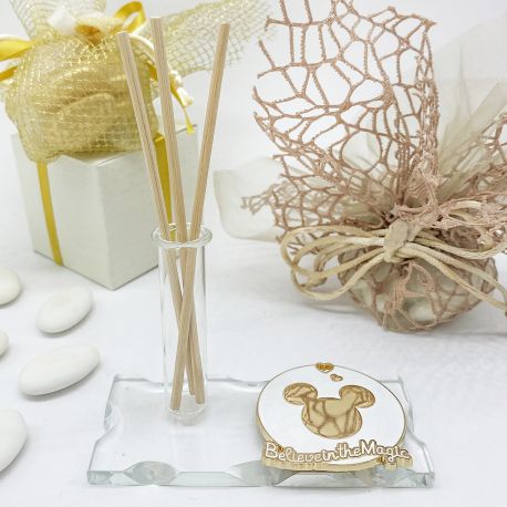 BOMBONIERA DISNEY PERSONALIZZABILE - BASE IN VETRO CON FIALA UTILE COME PROFUMATORE, PORTA PENNA O MONOFIORE.