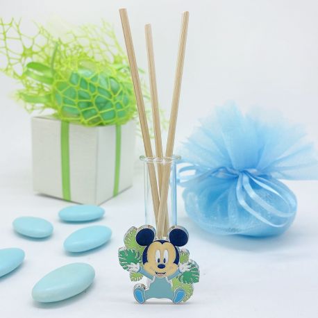 BOMBONIERA BATTESIMO MINI PROFUMATORE DISNEY - FIALA PORTA BACCHETTE ED ESSENZA CON APPLICAZIONE TOPOLINO CON FOGLIE