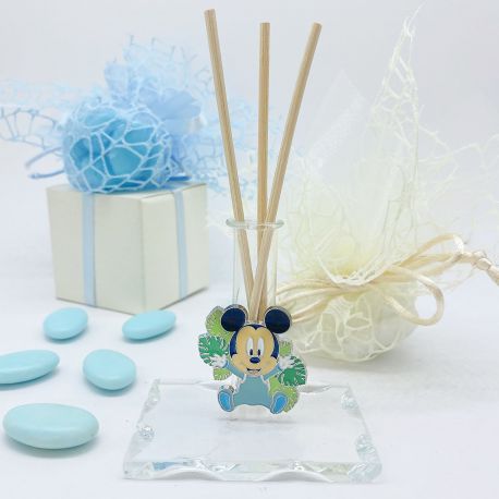 "BOMBONIERA BATTESIMO: ELEGANTE PROFUMATORE, PORTA PENNA, MONOFIORE CON TOPOLINO DISNEY E FOGLIE"