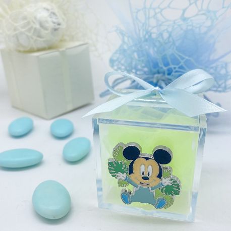 BOMBONIERE BATTESIMO SCATOLINA PLEX TRASPARENTE PORTA CONFETTI DISNEY CON APPLICAZIONE TOPOLINO CON FOGLIE VERDI