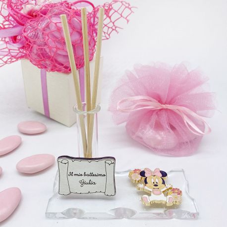 BOMBONIERA DISNEY PER BATTESIMO - BASE IN VETRO CON FIALA MULTIUSO E DECORAZIONE MINNIE CON FIORELLINI -CON O SENZA PERGAMENA