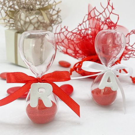 BOMBONIERA PERSONALIZZATA: CLESSIDRA SABBIA ROSSA CON LETTERINA IN GESSO