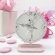 BOMBONIERA ECONOMICA COMUNIONE O CRESIMA -OROLOGIO DA TAVOLO FORMA ROTONDA BIANCO E ROSA CON BALLERINA