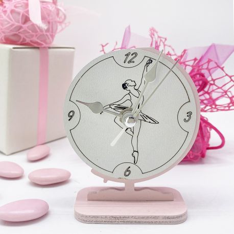 BOMBONIERA ECONOMICA COMUNIONE O CRESIMA -OROLOGIO DA TAVOLO FORMA ROTONDA BIANCO E ROSA CON BALLERINA