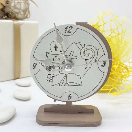 BOMBONIERA ECONOMICA - OROLOGIO DA TAVOLO CON SIMBOLI DI CRESIMA E COMUNIONE