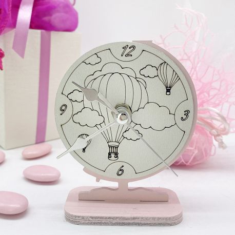BOMBONIERA ECONOMICA MA UTILE PER BATTESIMO : OROLOGIO DA TAVOLA CON MONGOLFIERA E NUVOLE