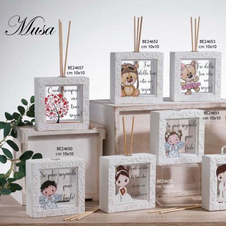 BOMBONIERA PER BATTESIMO-COMUNIONE-MATRIMONIO: DIFFUSORE IN POLVERE DI MARMO E FRASI PERSONALIZZATE CON INSERTO IN PLEXIGLASS