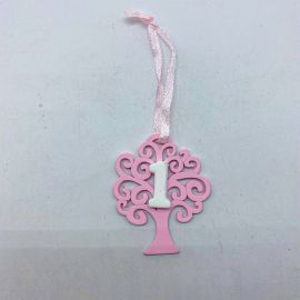 ALBERELLI IN LEGNO CON GESSO NUMERO 1 APPENDINI COMPLEANNO ROSA PENSIERINI BAMBINA SCONTI