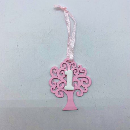 ALBERELLI IN LEGNO CON GESSO NUMERO 1 APPENDINI COMPLEANNO ROSA PENSIERINI BAMBINA SCONTI