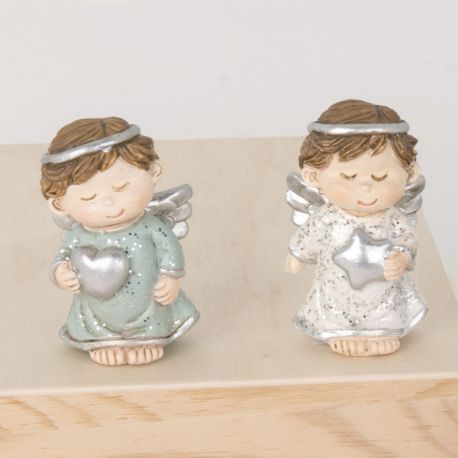 STATUINA ANGELO ARGENTATO CON CUORICINO E STELLINA -BOMBONIERA BATTESIMO-PROTEZIONE E BENESSERE