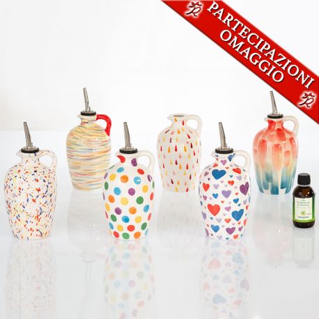 ANFORE OLIERE IN CERAMICA CON TAPPO DOSATORE E BOCCETTA DI OLIO FRANTOIO RUSCIGNO BOMBONIERE ORIGINALI