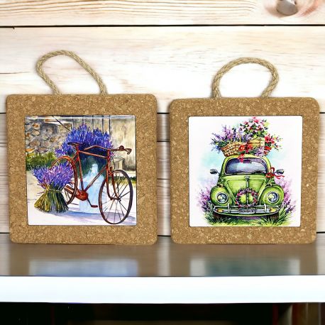 UN TOCCO DI NATURA E ARTE - BOMBONIERA MATRIMONIO SOTTOPENTOLA CERAMICA E SUGHERO CON DECORAZIONE LAVANDA