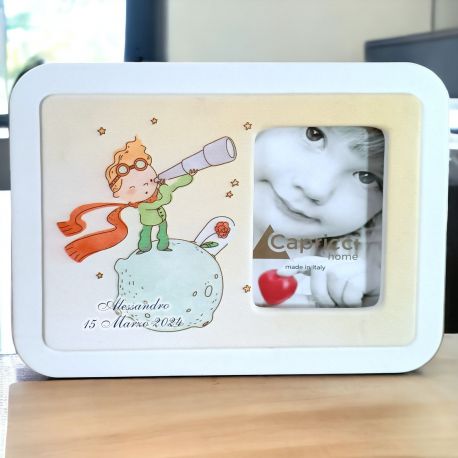 BOMBONIERA COMUNIONE - MADE IN ITALY: CORNICE PORTA FOTO E PICCOLO PRINCIPE CON NOMI E DATA EVENTO STAMPATI