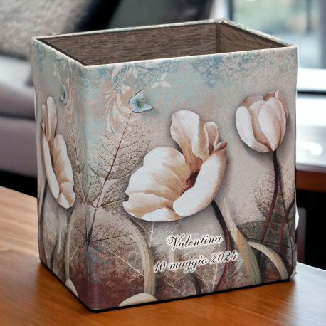 BOMBONIERA LAUREA: PORTA PENNE ECOPELLE CON TULIPANI E FARFALLE PERSONALIZZABILE