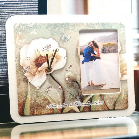 BOMBONIERA MATRIMONIO OROLOGIO/PORTAFOTO DA TAVOLO CON PAPAVERI E PERSONALIZZAZIONE 