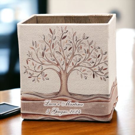 BOMBONIERA LAUREA: PORTA PENNE IN ECOPELLE CON ALBERO DELLA VITA E PERSONALIZZAZIONE A SCELTA