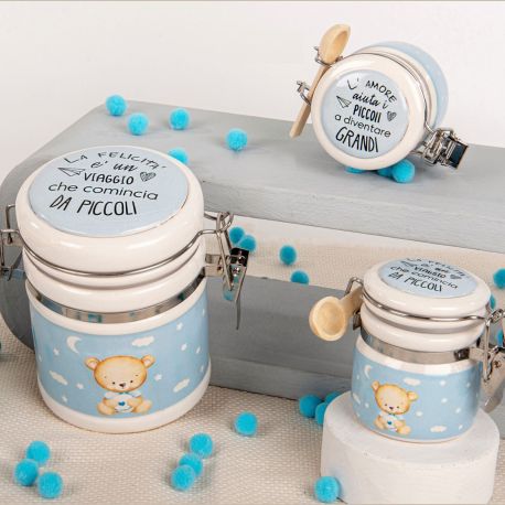 BARATTOLINI ERMETICI BIANCO E AZZURRO CON ORSETTO, CONFETTATA BIMBO NASCITA