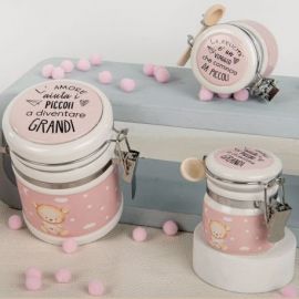 VASETTO ERMETICO BIANCO E ROSA ORSO E FRASI: REGALA UN PENSIERINO NUOVA NASCITA