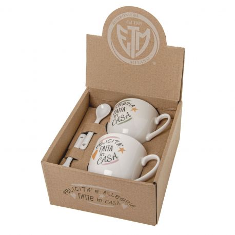 SET 2 TAZZE CAPPUCCINO E CUCCHIAINO CON FRASE "FELICITÀ FATTA IN CASA, ALLEGRIA FATTA IN CASA"