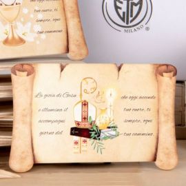 PERGAMENA SANTA CRESIMA CON SIMBOLI SACRI BOMBONIERA CON FRASE