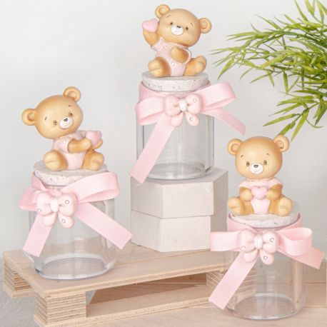 BOMBONIERA BATTESIMO BAMBINA REGALA TENEREZZA CON IL PORTA CONFETTI ORSETTO+CUORI